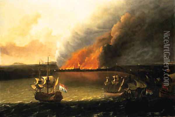Dutch Men-of-War pursuing a British Man-of-War, a town burning beyond, possibly the Dutch raid on Chatham in 1667 Oil Painting - Ludolf Backhuyzen