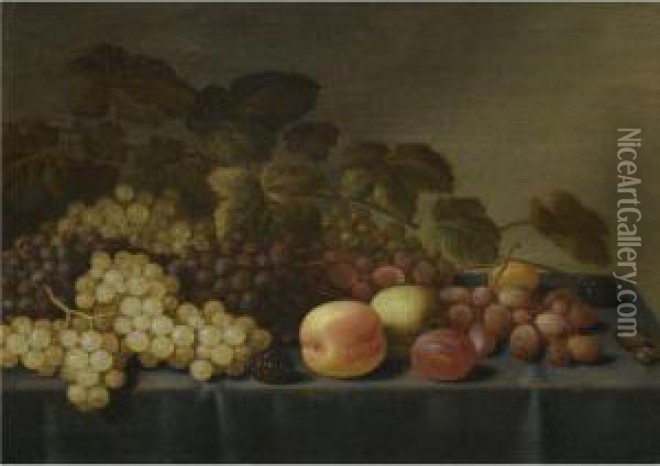Still Life With Grapes, Loganberries, Plums, An Apple And A Glasstogether On A Table Oil Painting - Floris Gerritsz. van Schooten