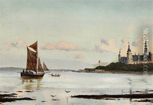 View Of Oresund With Kronborg Castle, In The Foreground Men Rowing Oil Painting - Ioannis (Jean H.) Altamura