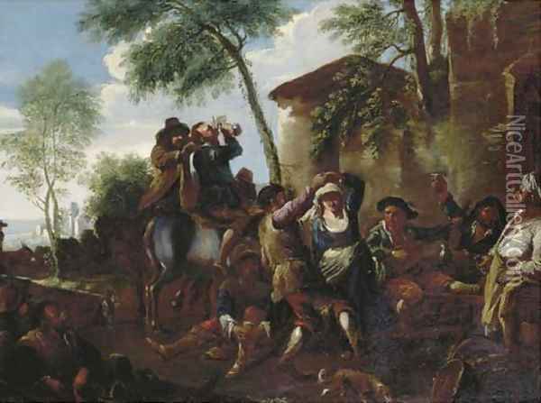 Peasants dancing the Saltarello by a farmhouse Oil Painting - Jan Miel