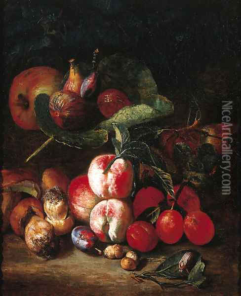Peaches, plums, medlar, figs on a vine, an apple, mushrooms and a beetle on a forest floor Oil Painting - Pieter Snyers