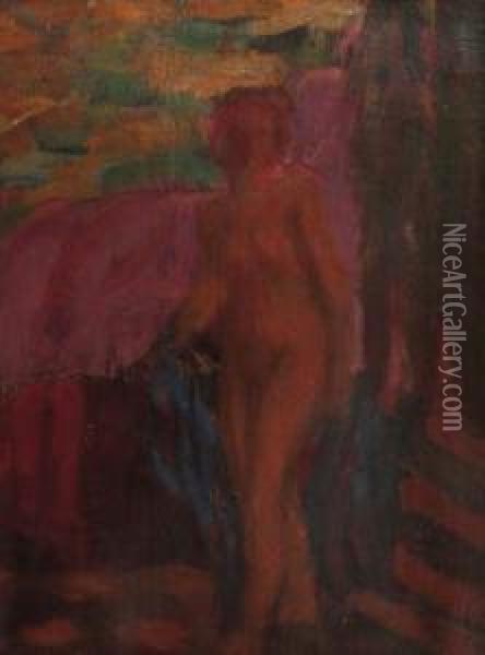 Female Nude With Blue Drapery - Study Oil Painting - Jakub Obrovsky
