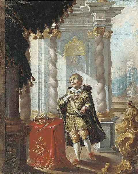 Saint Ferdinand of Castile, his crown and sceptre resting on a draped table, in a feigned border Oil Painting - Karel Skreta