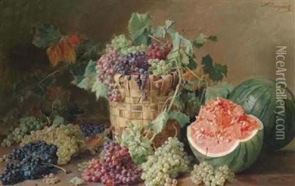 Still Life With Grapes And Melons Oil Painting - Licinio Barzanti