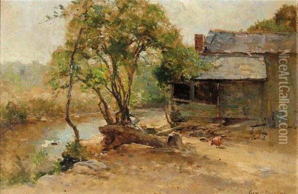 Farmstead Beside A River - Oil Painting - Ernst Walbourn