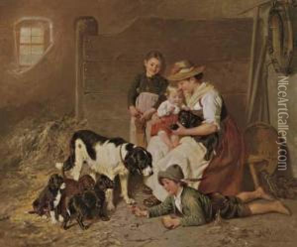 The New Puppies Oil Painting - Adolf Eberle