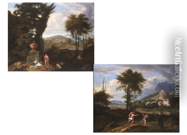 Apollo Und Daphne In Einer Hugeligen Landschaft (+ Rastende Schafer In Arkadischer Ideallandschaft; 2 Works) Oil Painting - Johannes (Jan) Glauber
