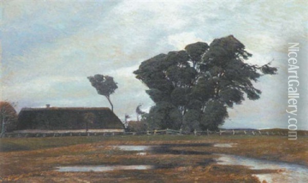 A Water Meadow Before A Farmstead Oil Painting - Henrik Gamst Jespersen