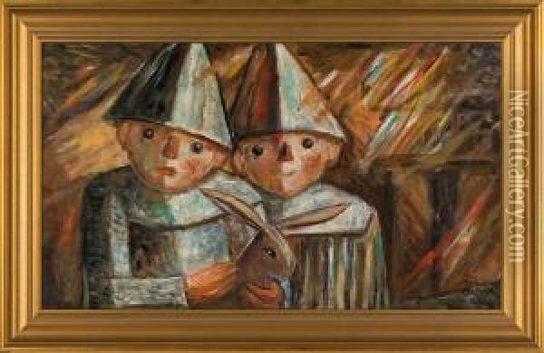 Two Children Wih Rabbit Oil Painting - Tadeusz Makowski