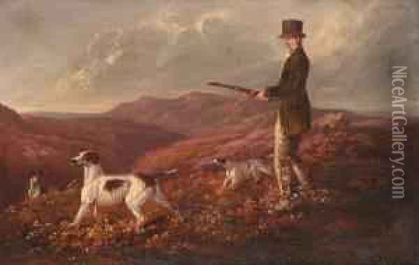 A Gentleman Shooting Over Pointers In A Moorland Landscape Oil Painting - Samuel John Egbert Jones