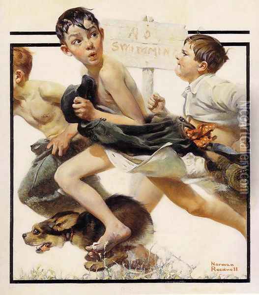 No Swimming Oil Painting - Norman Rockwell