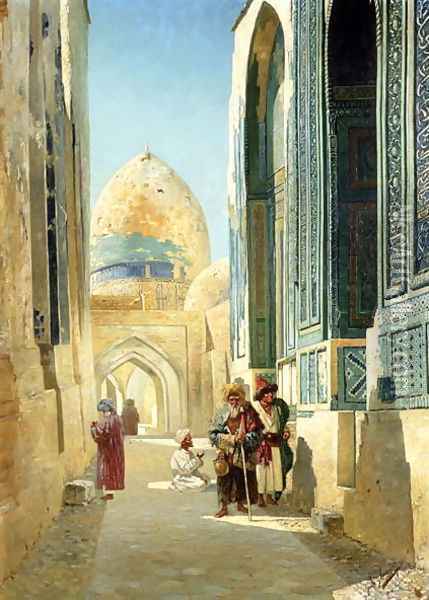 Figures in a Street Before a Mosque 1895 Oil Painting - Richard Karlovich Zommer