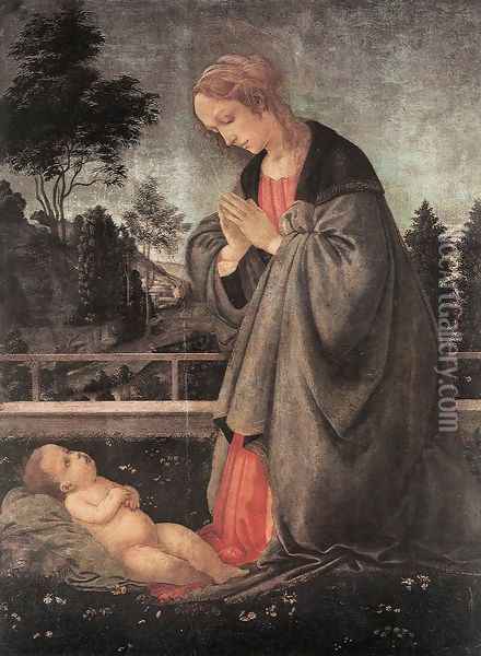 Adoration of the Child c. 1483 Oil Painting - Filippino Lippi