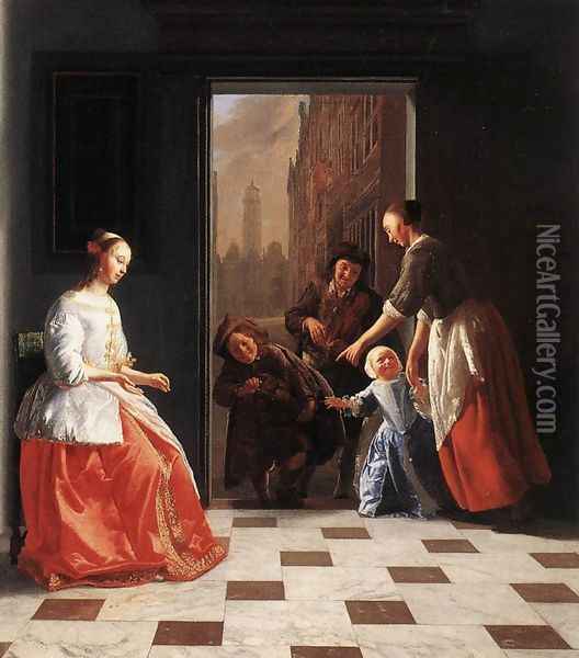 Street Musicians at the Doorway of a House 1665 Oil Painting - Jacob Ochtervelt