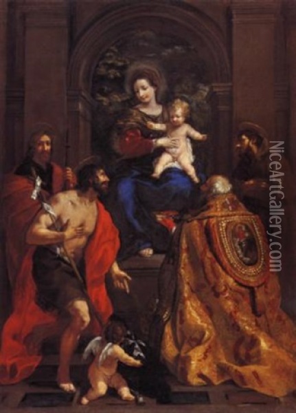 Madonna Con Il Bambino E I Santi Giacomo, Giovanni Battista, Stefano Papa E Francesco D'assisi Oil Painting - Pietro da Cortona