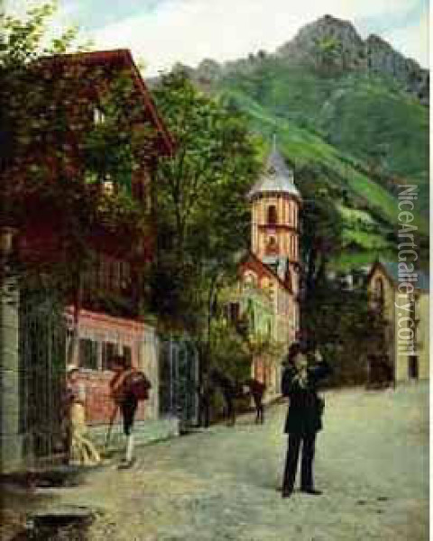 < Village Anime Dans Les Dolomites >. Oil Painting - Auguste de la Brely