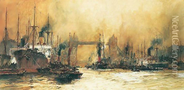 Tower Bridge From The Lower Pool, London Oil Painting - Charles Edward Dixon