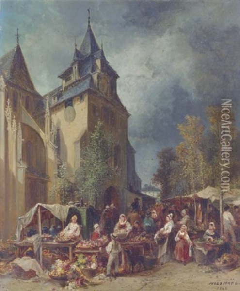 A Bustling Marketplace Oil Painting - Jules Achille Noel