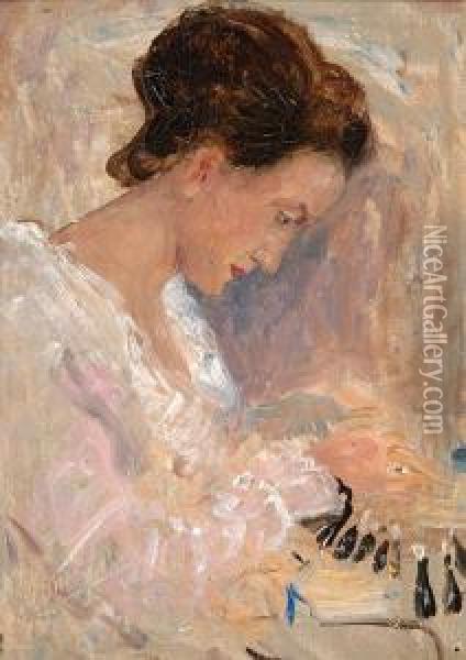 Elegant Woman Sewing Oil Painting - Simon Maris