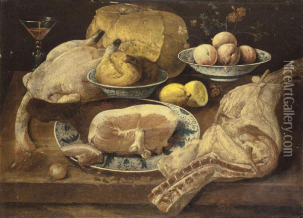 A Still Life With A Leg Of Ham And Other Meats Together With Peaches, Lemons, Buns And A Loaf Of Bread Oil Painting - J. B. A. Beverts