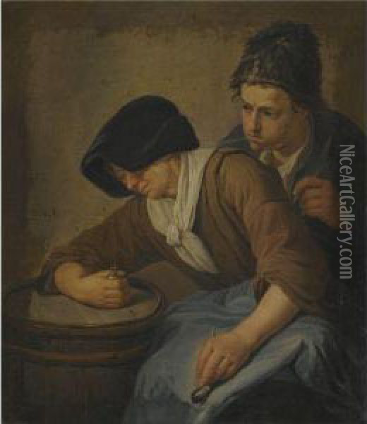 Interior With A Man And A Woman Smoking Oil Painting - Norbert van Bloemen