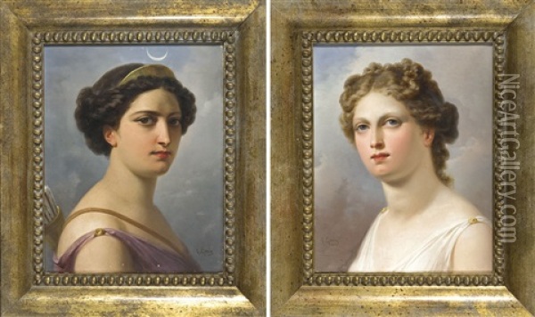 Figura Femminile A Mezzo Busto Con Gli Attributi Di Diana (pair) Oil Painting - Francesco Gonin
