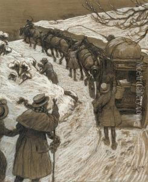 Driving The Coach Up The Snowy Lane Oil Painting - Cecil Charles Aldin