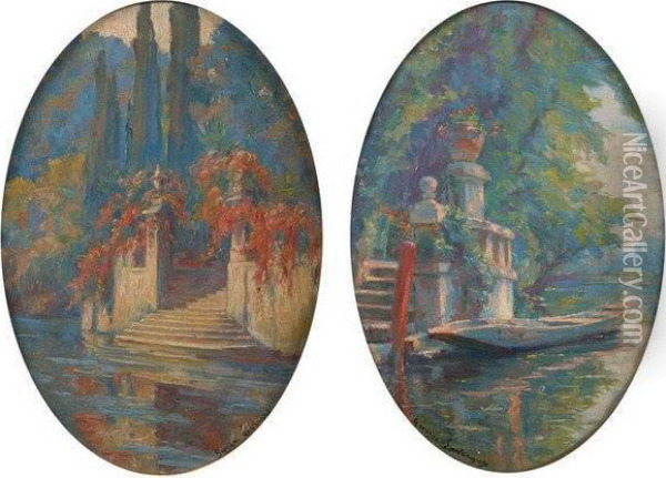 Stone River Steps: Two Works Oil Painting - Georges Aug. Elie Lavergne