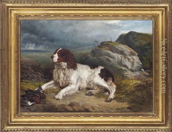 A Spaniel Guarding The Day's Bag Oil Painting - James Walsham Baldock