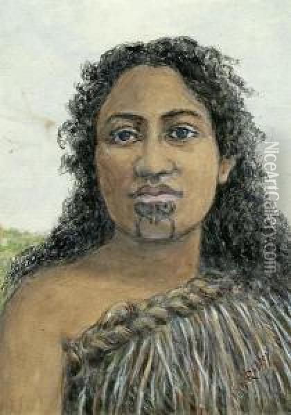 A Tattooed Maori Girl And The Chief Te Manawa Oil Painting - Horatio Gordon Robley