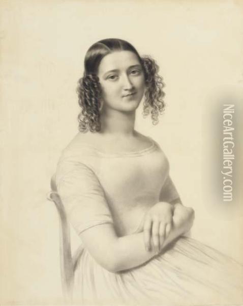 Portrait De Mademoiselle Rosalie A Mi-corps Assise, Les Mains Croisees Oil Painting - Hyacinthe Louis V. Aubry-Lecomte