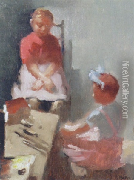 Two Girls Admiring Their Dollhouse Oil Painting - Hendrik Maarten Krabbe