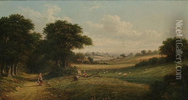 An Extensive Pastoral Landscape With Children On A Country Lane Oil Painting - Walter Williams