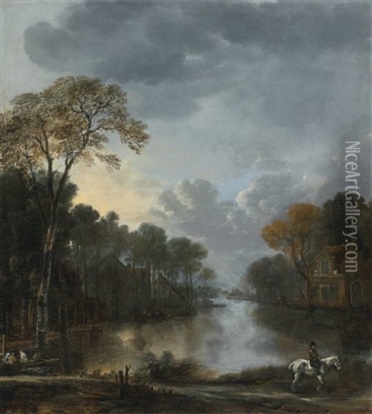 Landscape At Twighlight With A Horseman Pulling A Boat Along A Canal Oil Painting - Aert van der Neer