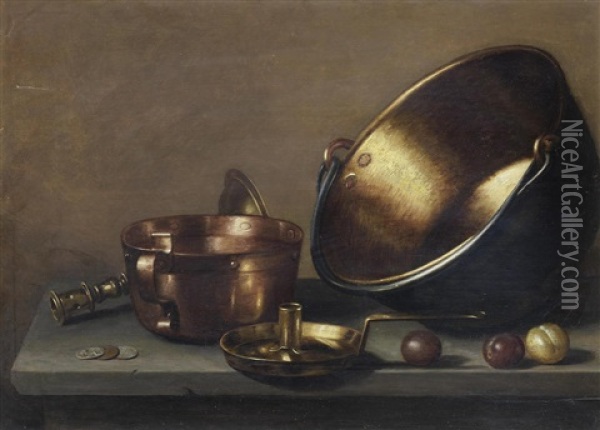 A Still Life Of Copper Pans And Utensils On A Stone Ledge With Plums Oil Painting - Floris Gerritsz. van Schooten