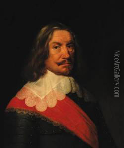 Portrait Of A Military 
Commander, Half-length, In Armour With A Redsash And A Lace Collar Oil Painting - Jacob Willemsz II Delff