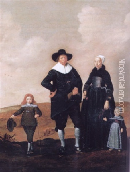 Portrait Of A West Frisian Couple With Their Two Children Standing In A Landscape Oil Painting - Herman Mijnerts Doncker