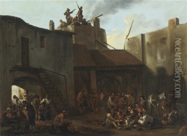 Roman Lime Kiln With Peasants Gambling Oil Painting - Jan Miel