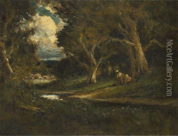 Figures By The River Oil Painting - William Keith