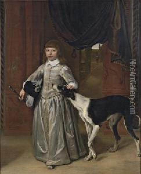 Portrait Of A Boy, Full-length, In A Gold-embroidered Grey Costumewith A Feathered Hat And A Cane, His Hand On The Head Of A Lurcher,with A Garden Seen Through The Door Behind Oil Painting - Ludolf de Jongh