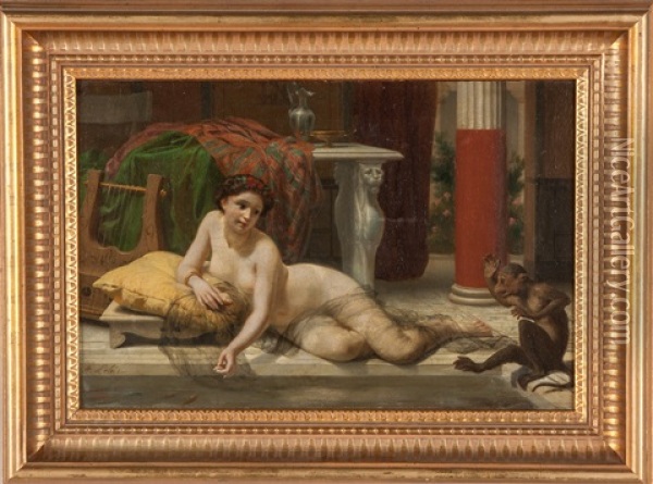 Reclining Nude Near Pool Oil Painting - Alexandre-Louis Leloir