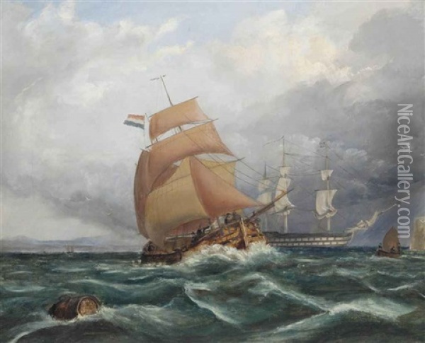 Shipping In A Stiff Breeze In The Channel Oil Painting - Sir George Chambers