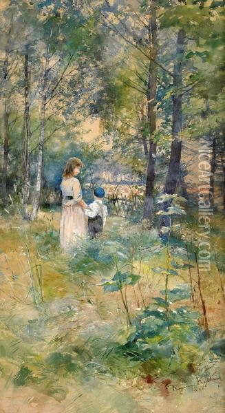 Sommarlandskap Med Barn I Skogsbryn Oil Painting - Regina Kylberg-Bobeck