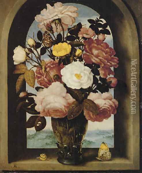 A still life of roses in a berkemeijer glass, with butterflies and a snail, in an arched stone window with a landscape beyond Oil Painting - Ambrosius the Elder Bosschaert