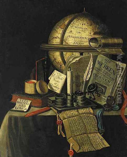 A Vanitas still life with a globe showing the Americas Oil Painting - Charles Field