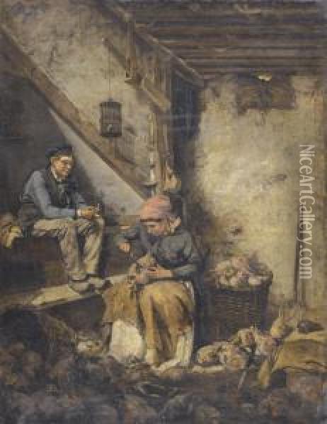 Bauerliches Interieur Mit Jungem Paar Oil Painting - Ferdinand Fagerlin