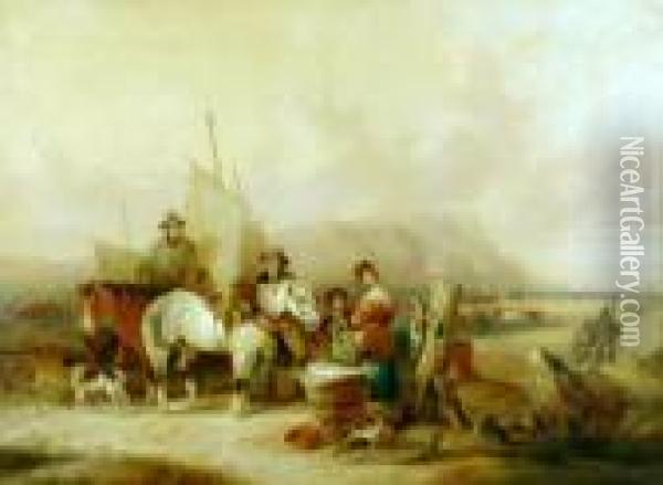 A Busy Fishing Scene With Figures, Horses, Cattle And Boats Oil Painting - William Joseph Shayer