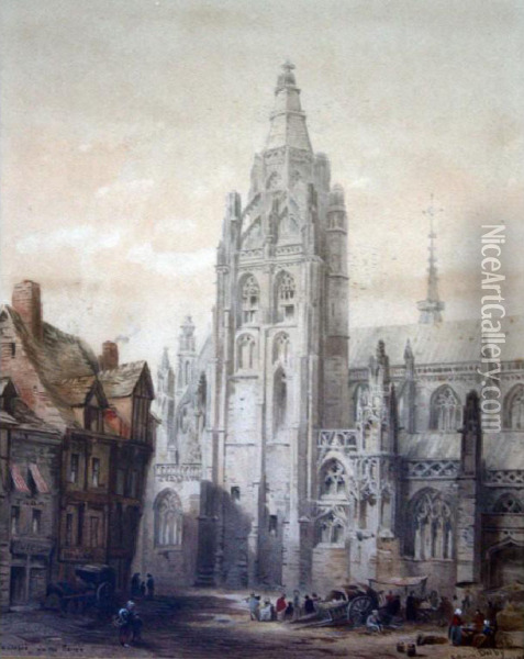 Cathedral In A Square Oil Painting - Edwin Thomas Dolby