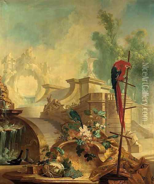 A capriccio of an Italianate garden with parrots, fruit, flowers, bottles of wine and drapery in the foreground Oil Painting - Alexandre-Francois Desportes