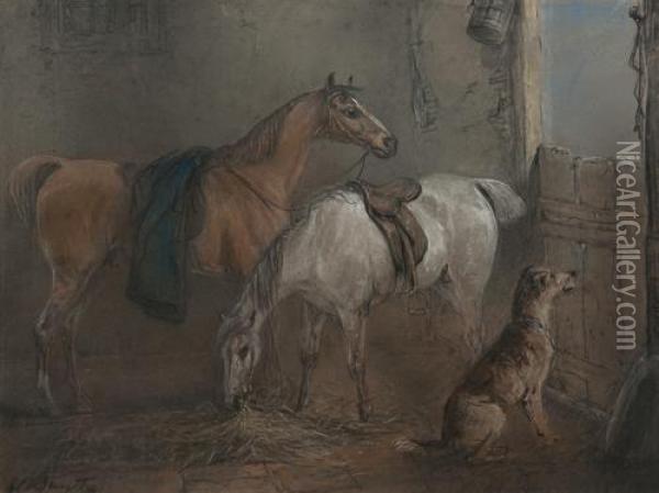 Two Bay Hunters And A Dog In A Stable Interior Oil Painting - Edward Robert Smythe